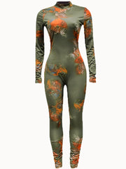 SXY Rückenfreier, schmaler Jumpsuit mit Graffiti-Print, Frühlingsmodischer Rundhalsausschnitt, lange Ärmel, einteiliger Jumpsuit-Outfit für Damen 