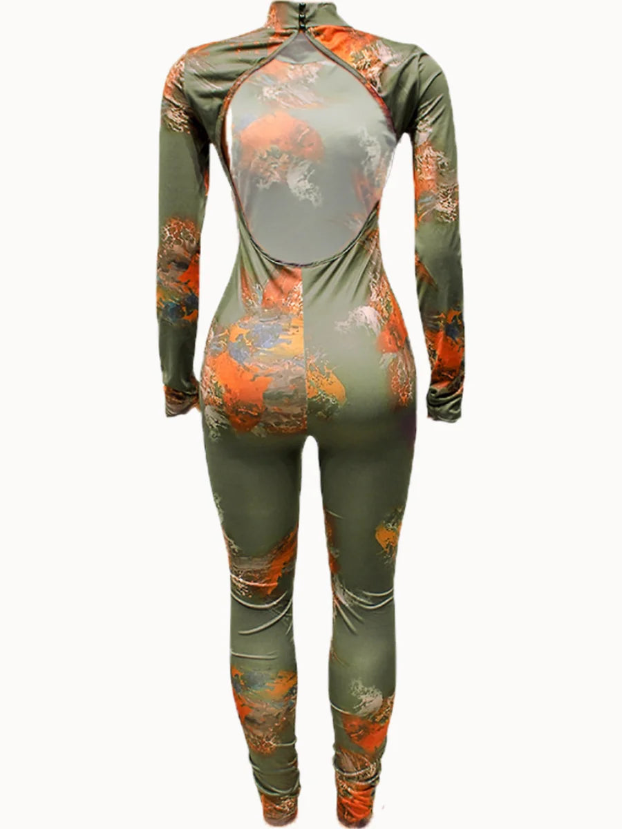 SXY Rückenfreier, schmaler Jumpsuit mit Graffiti-Print, Frühlingsmodischer Rundhalsausschnitt, lange Ärmel, einteiliger Jumpsuit-Outfit für Damen 