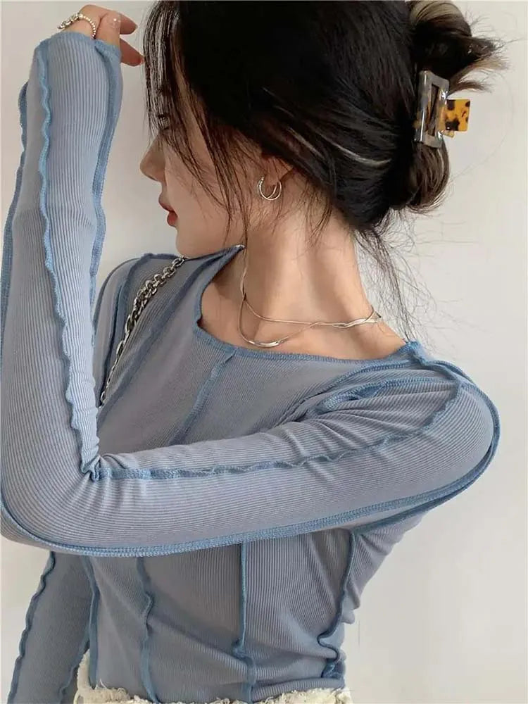 Long Sleeve T-shirts Women Spring Solid O-Neck Elegant Bright Line Decoration Slim Casual Soft High Quality Ladies Clothing Tees