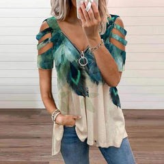 Ladies Colorblock Zip Front Cutout Sleeve Print T-shirt