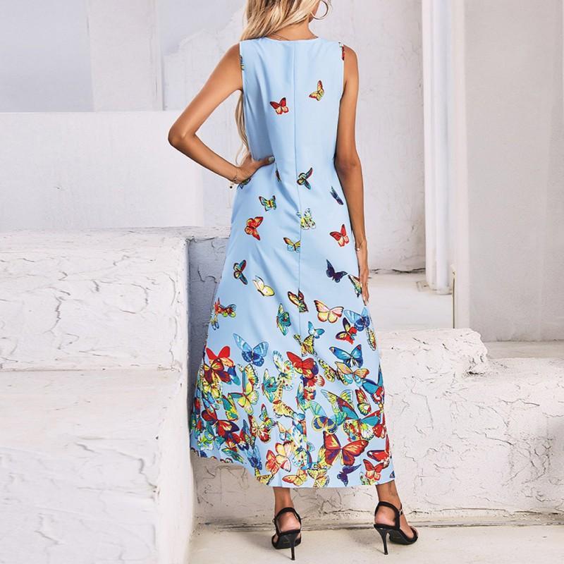 Women V-neck Fashion Butterfly Print Sleeveless Dress