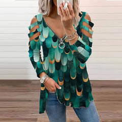 Ladies Colorblock Zip Front Cutout Sleeve Print T-shirt