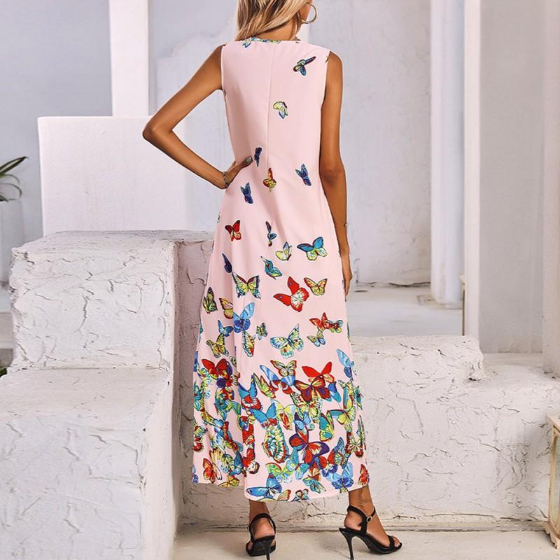 Women V-neck Fashion Butterfly Print Sleeveless Dress