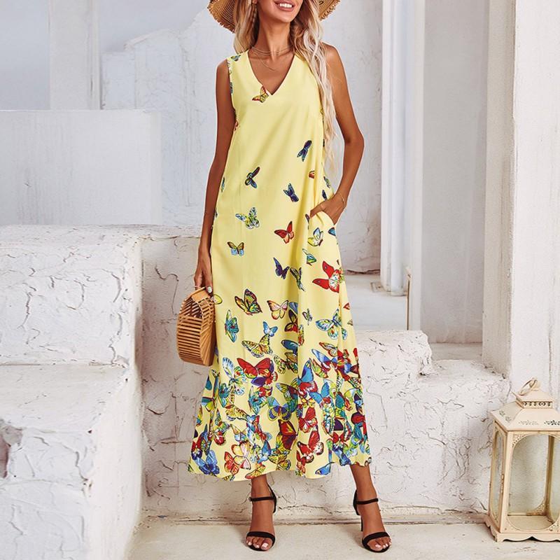 Women V-neck Fashion Butterfly Print Sleeveless Dress