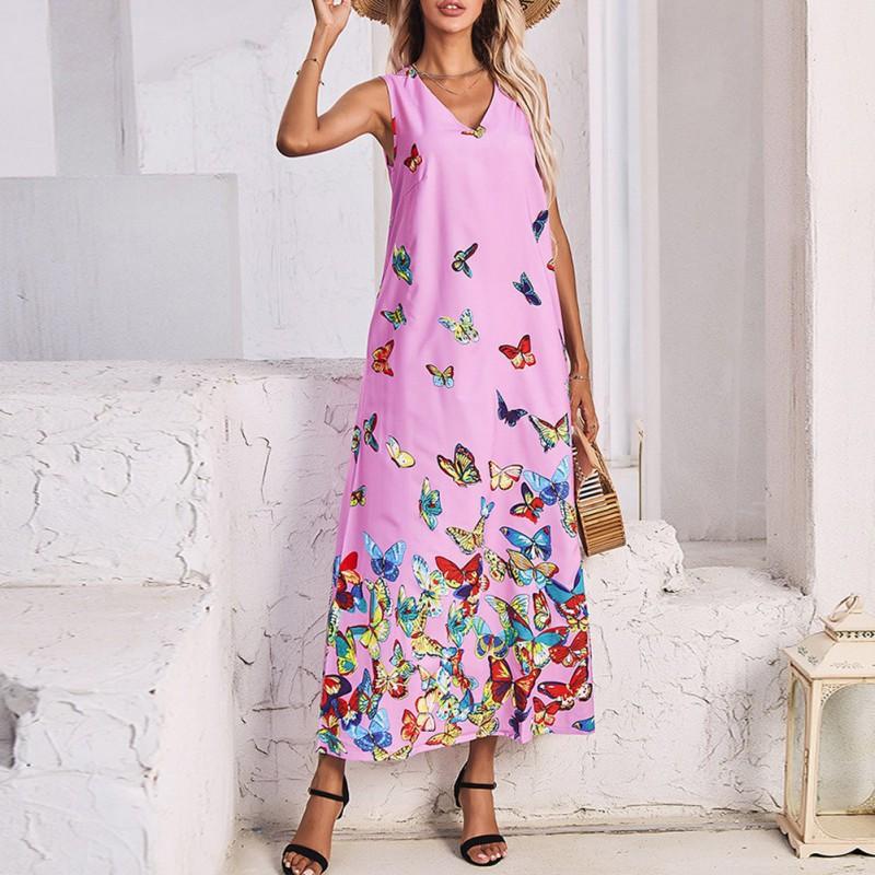 Women V-neck Fashion Butterfly Print Sleeveless Dress