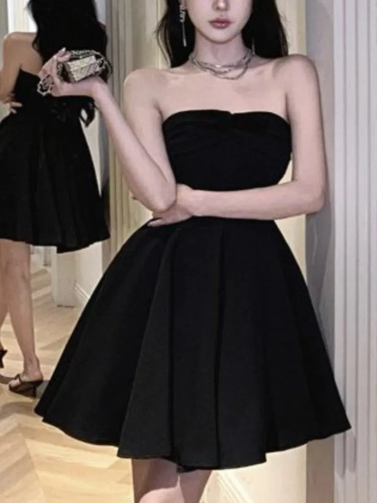 New Summer Elegant Strapless Short Dress Women High Waist A-line Korean Chic Evening Party Dresses Prom Black One Piece Vestido