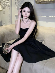 New Summer Elegant Strapless Short Dress Women High Waist A-line Korean Chic Evening Party Dresses Prom Black One Piece Vestido