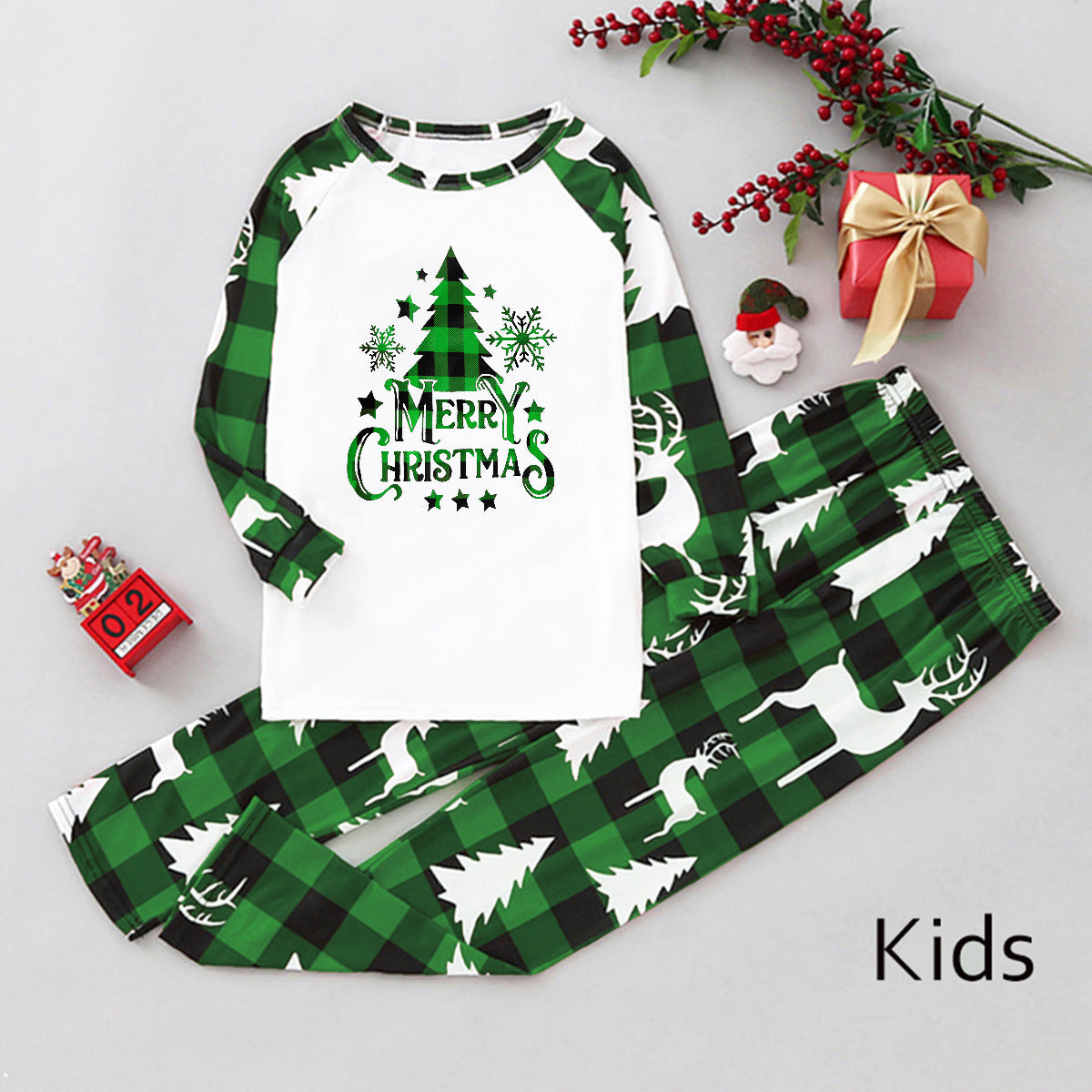 Green Plaid Christmas Tree Pattern Family Matching Pajamas Sets (with Pet's dog clothes)