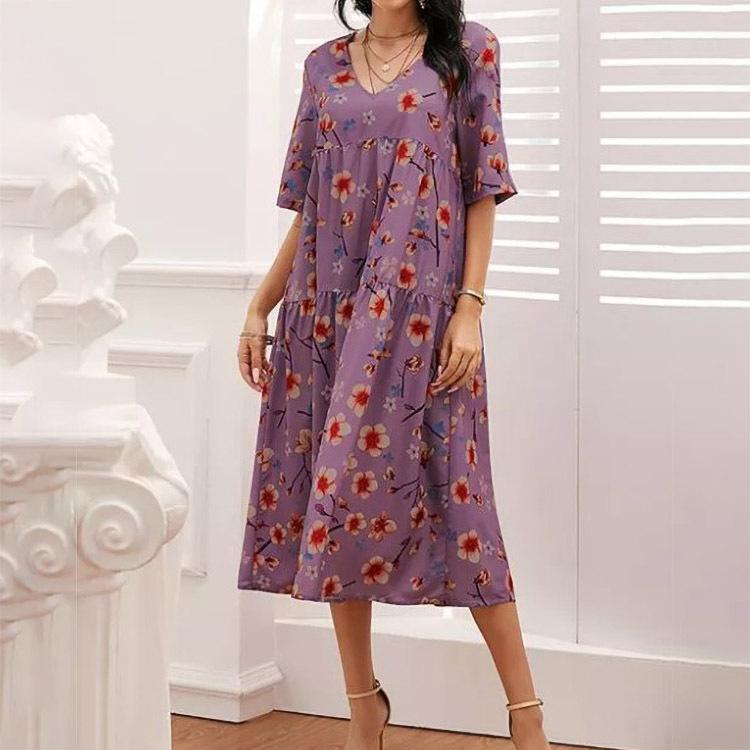 Spliced Printed V-neck Loose Short-sleeved Casual Dress