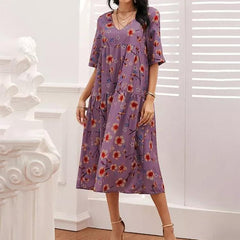 Spliced Printed V-neck Loose Short-sleeved Casual Dress