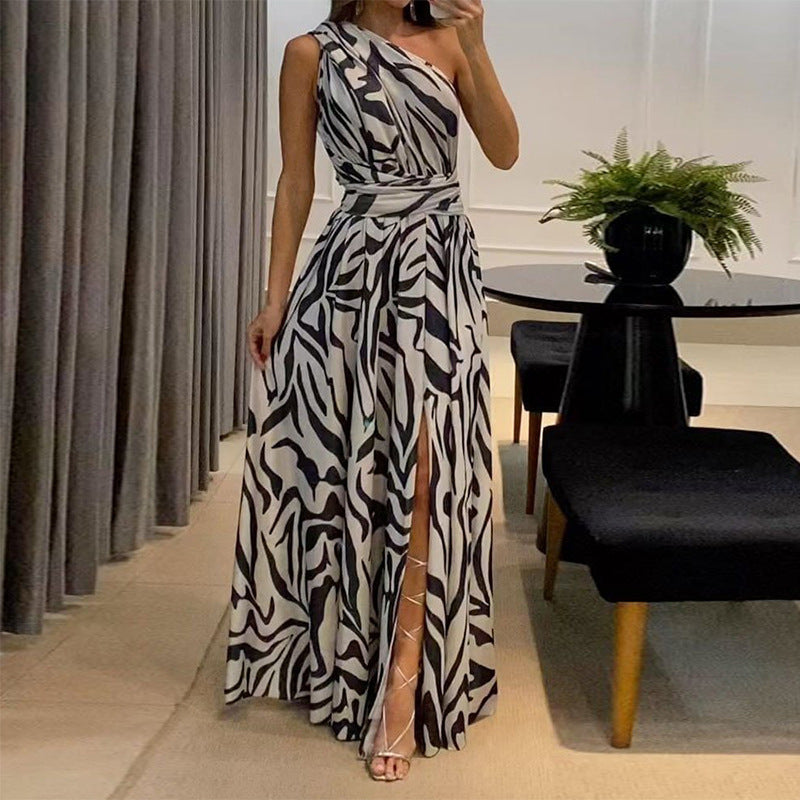 Zebra Print Asymmetrical Front Slit Maxi Dress