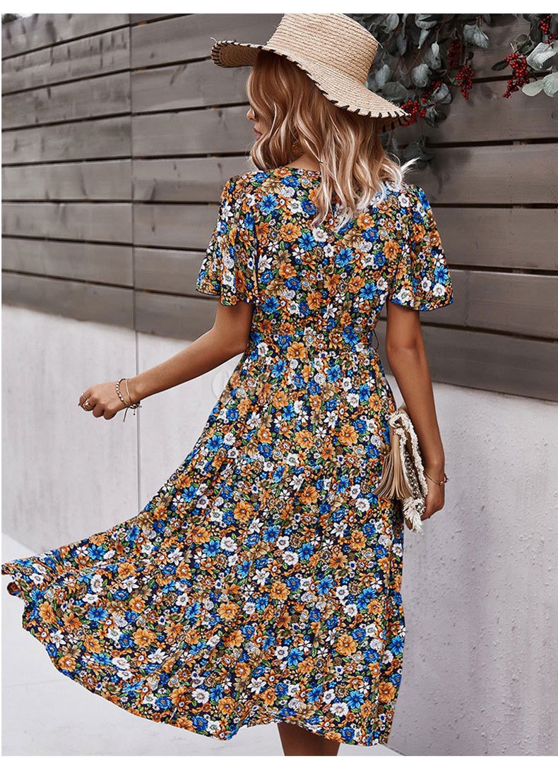 Short Sleeve Floral Print Bohemian Holiday Dress