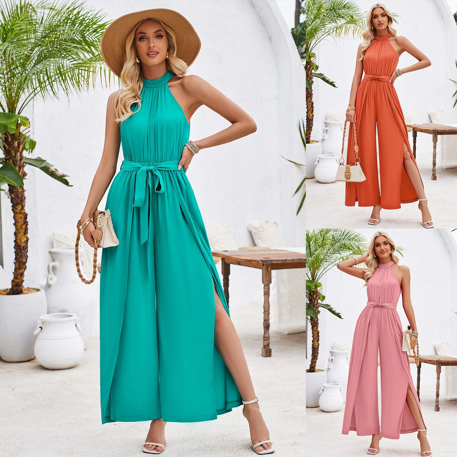 Summer Women Clothing Fresh Air Solid Color Halter Lace up Jumpsuit – Stylish and Breathable One-Piece for Summer Fashionistas