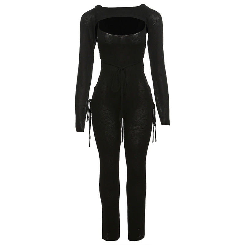 Fall Women’s Hollow Out Knitted Blouse and One Piece Trousers Suit