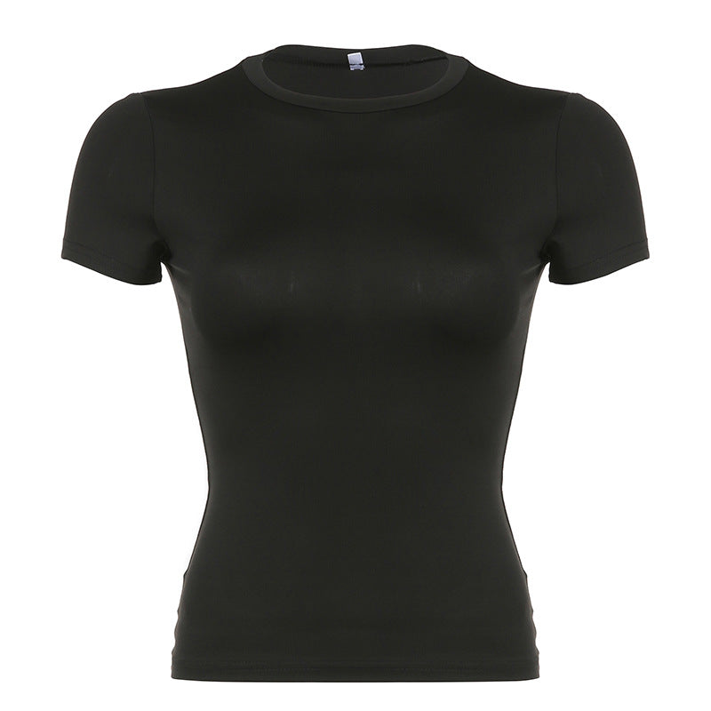 Lässiges, einfarbiges Pullover-T-Shirt mit Rundhalsausschnitt für Damen – Sexy Street-Tops mit schmaler Passform 