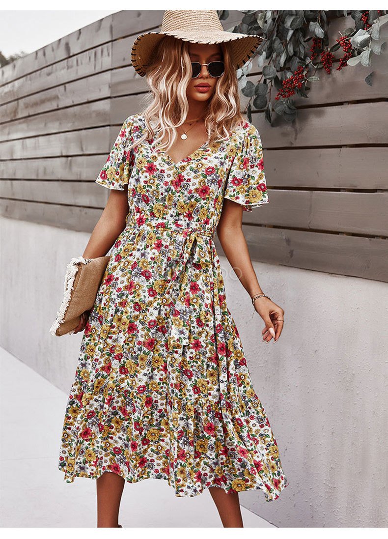 Short Sleeve Floral Print Bohemian Holiday Dress