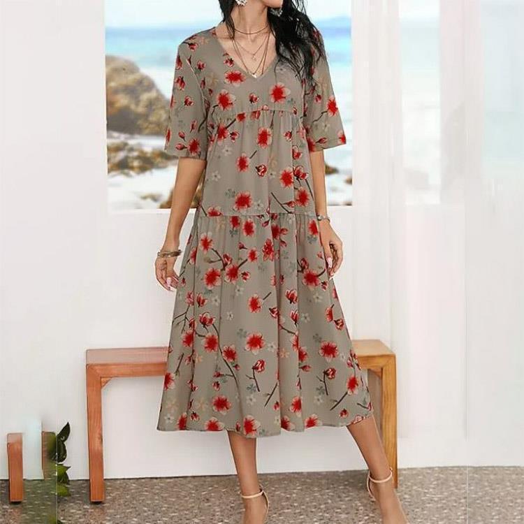 Spliced Printed V-neck Loose Short-sleeved Casual Dress