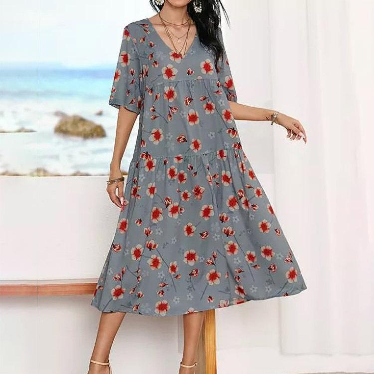 Spliced Printed V-neck Loose Short-sleeved Casual Dress