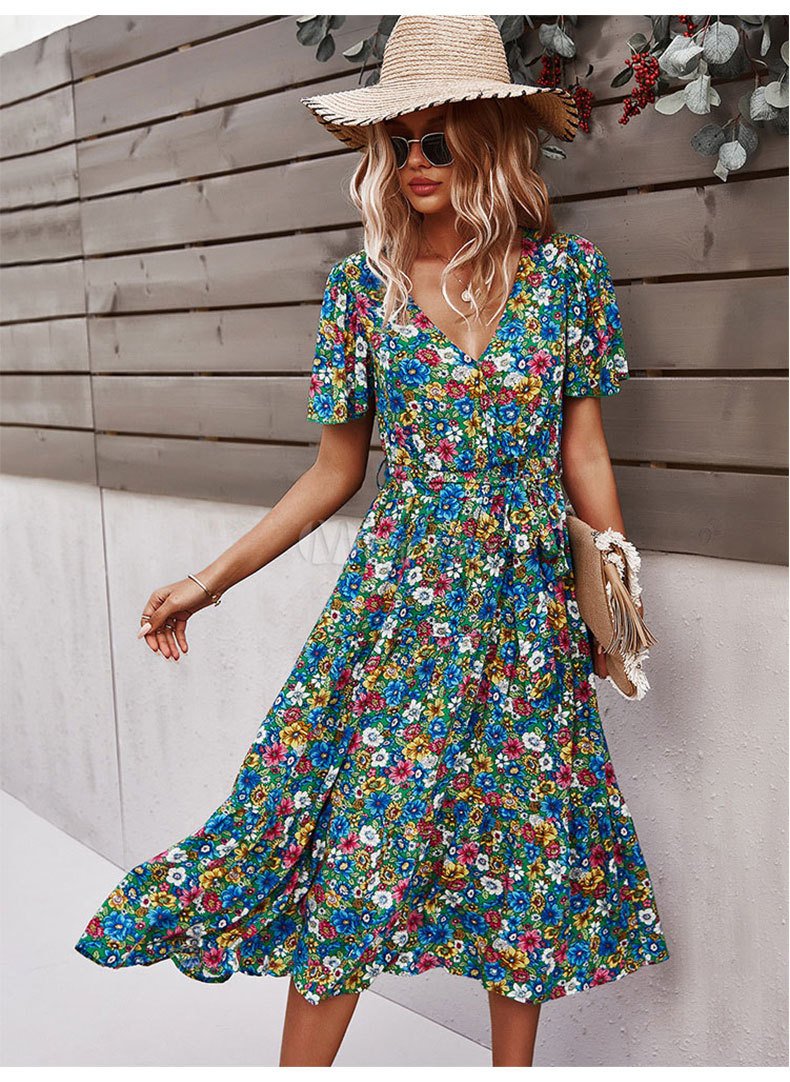 Short Sleeve Floral Print Bohemian Holiday Dress