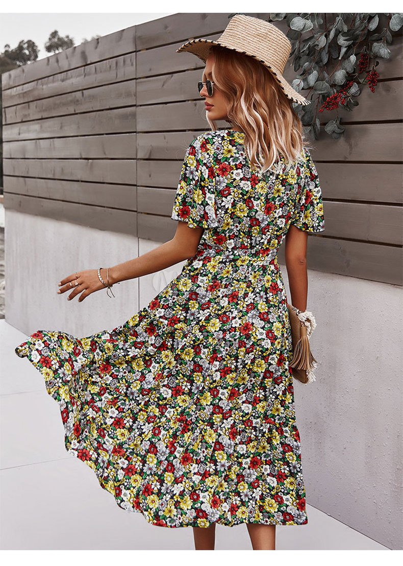 Short Sleeve Floral Print Bohemian Holiday Dress