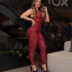 Fall Women Clothing Sexy Low Cut Leopard Print Slim Fit One Piece Trousers