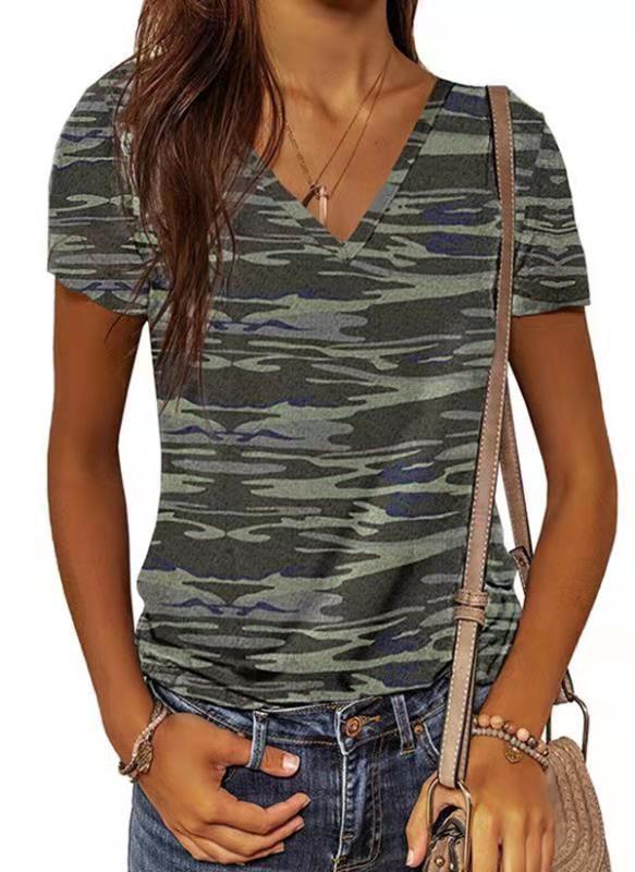 Fashion Slim Leopard Print V-neck Short Sleeve Top