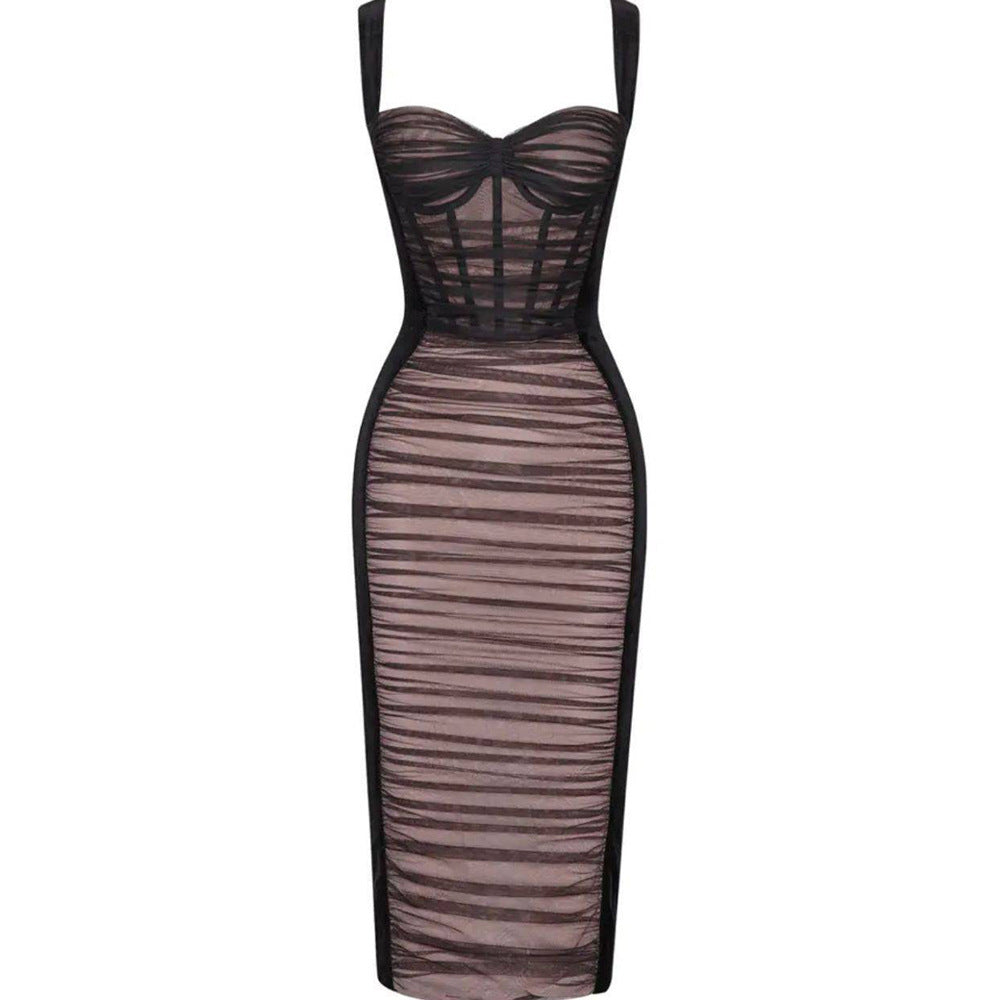 Women Sexy Mesh Socialite Camisole Split Mid Length Bandage One Piece Dress