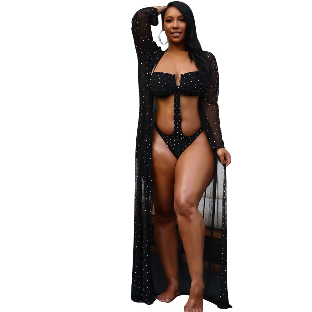 Summer Women Sexy Mesh Perspective Rhinestone Long Sleeve Swimsuit Cloak