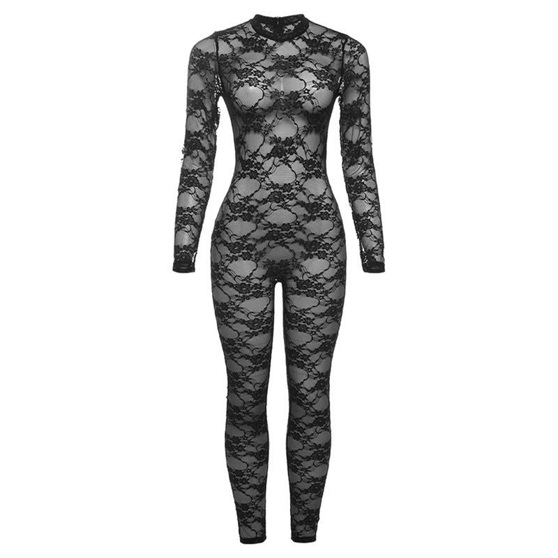 Women Clothing Spring Summer Street Sexy See through round Neck Long Sleeve Lace Tight One Piece Trousers