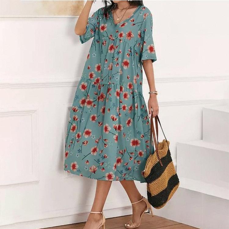 Spliced Printed V-neck Loose Short-sleeved Casual Dress