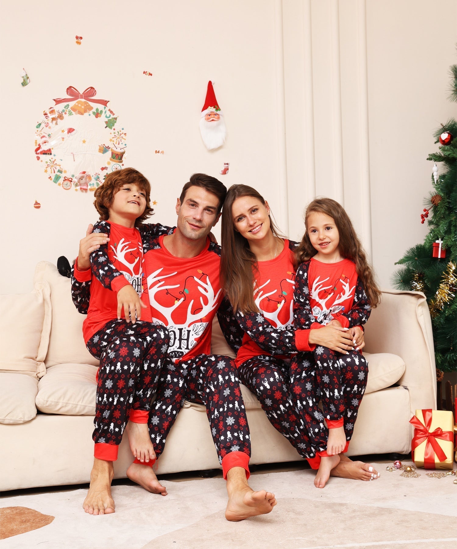 Red Christmas Snow Deer Fmalily Matching Pajamas Sets (with Pet's dog clothes)