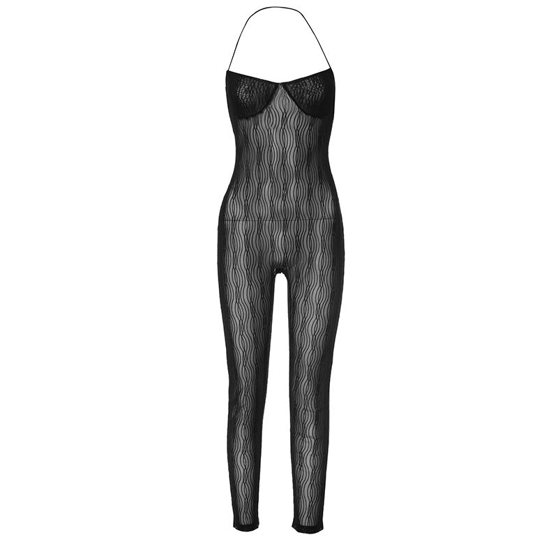 Chic Women Spring Sexy Mesh See Through Sleeveless Halter Slim Fit One Piece Trousers