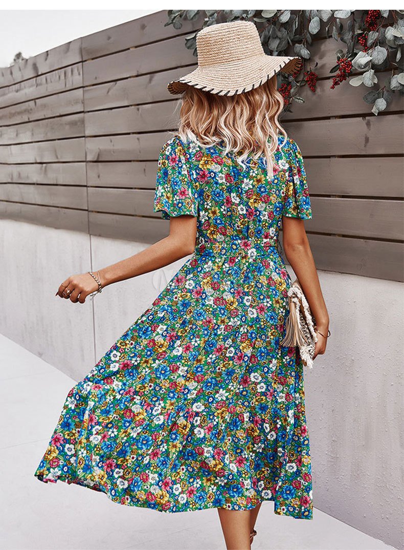 Short Sleeve Floral Print Bohemian Holiday Dress