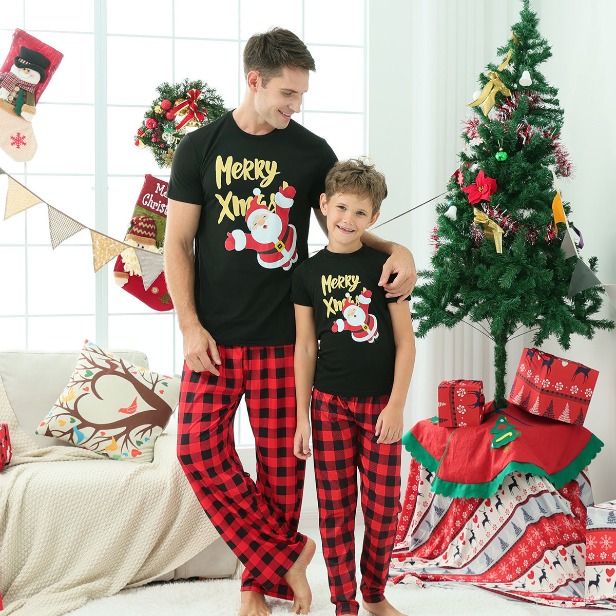 Red Plaid Short Sleeves Family Matching Pajamas Set