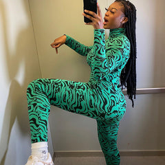 Collar Tight Jumpsuit Printed Long Sleeve One Piece Trousers Hip Raise Skinny High Elastic Gym Pants