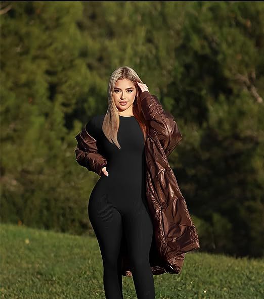 Women One Piece Yoga Jumpsuit Ribbed Long Sleeve Long Pants Round Neck Top Sports Jumpsuit