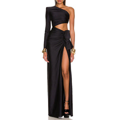 Sexy Socialite Maxi Dress with Shoulder Collar and Side Leakage Waist Design