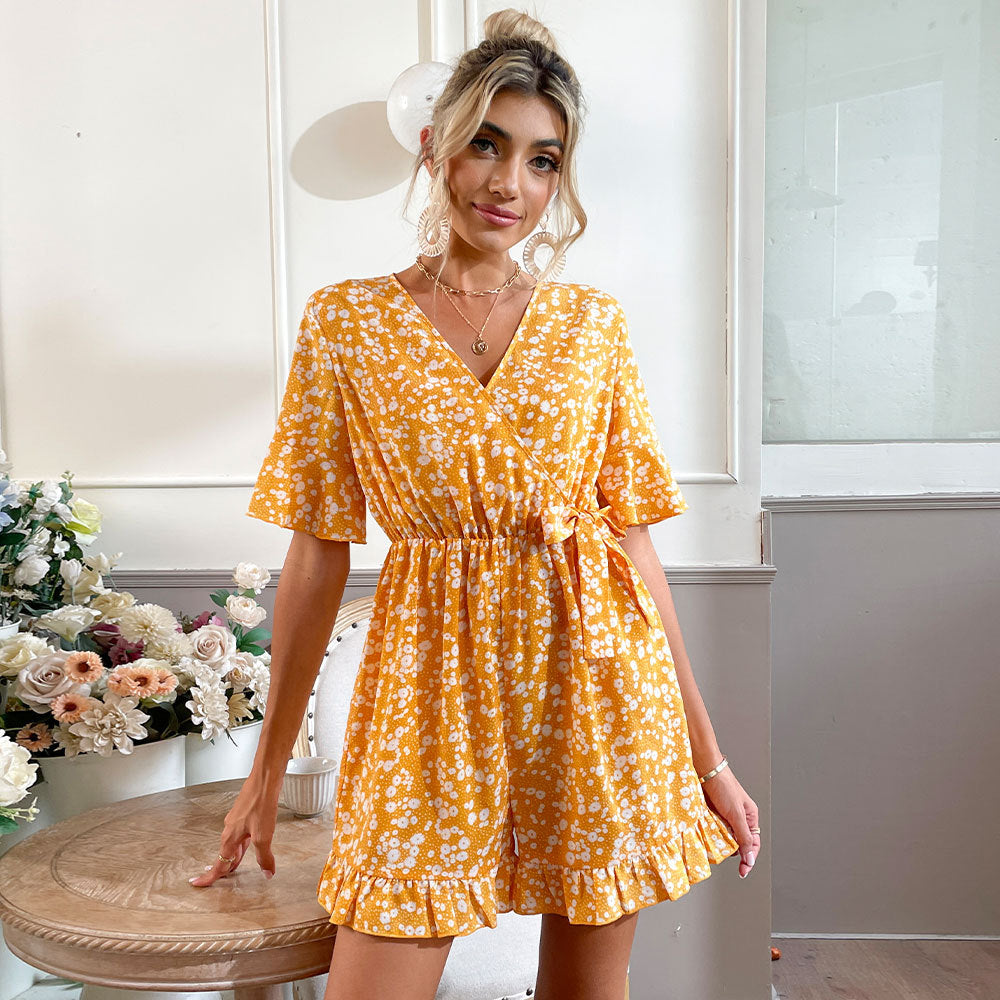 Summer Women Clothing Bell Sleeve V-neck Lace-up Printed Casual One-Piece Suit Women Romper