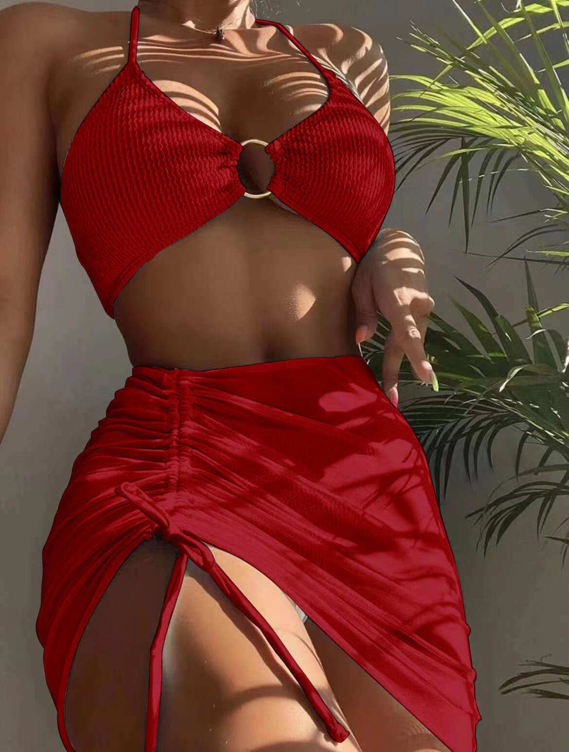 Solid Color Sexy Halterneck Three-Piece Swimsuit Bikini