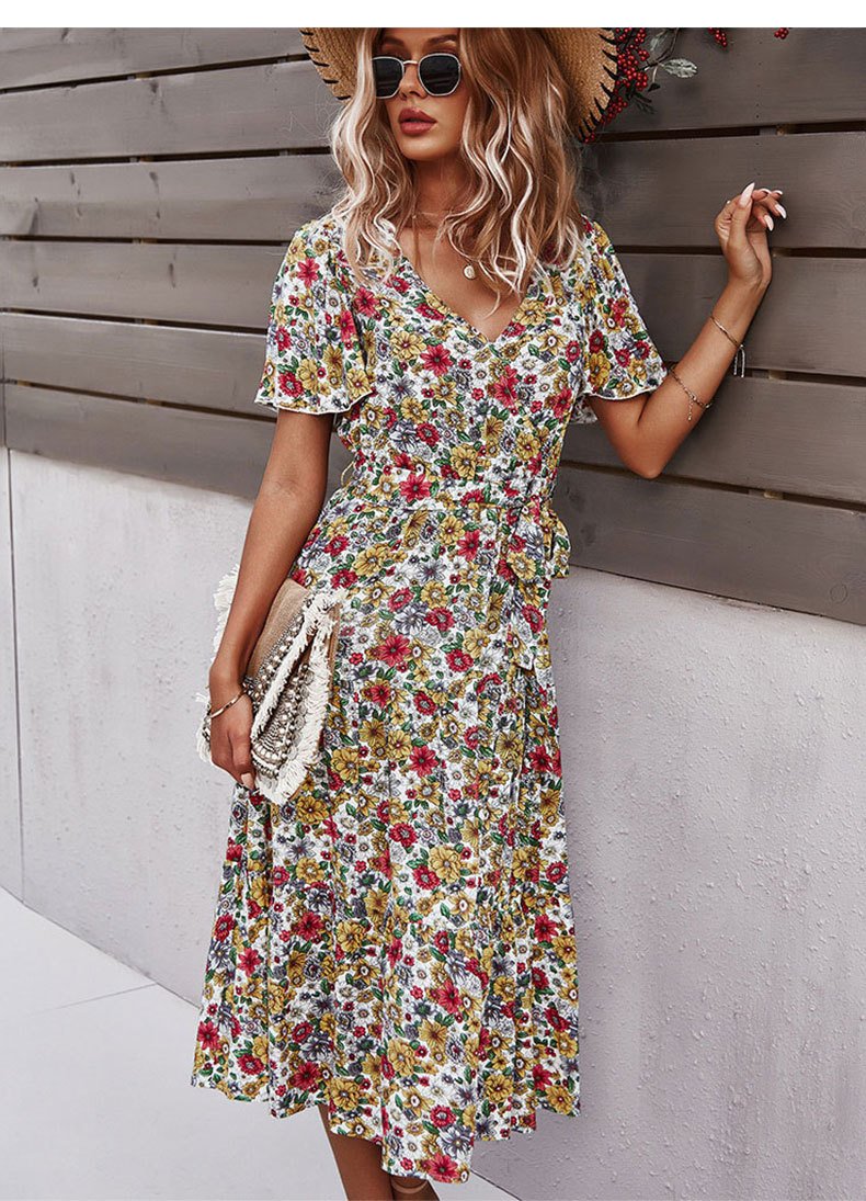 Short Sleeve Floral Print Bohemian Holiday Dress