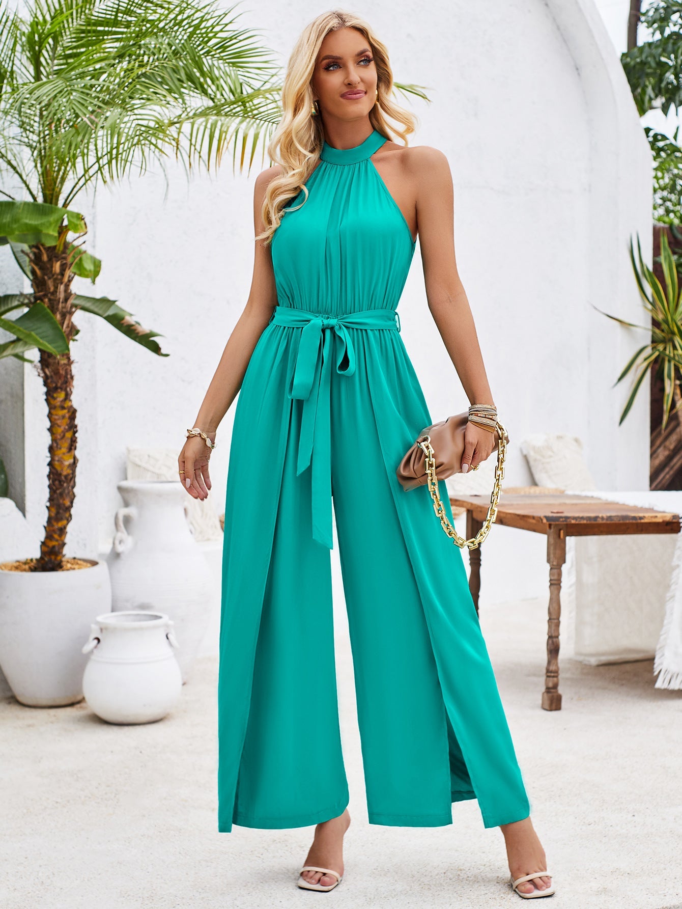 Summer Women Clothing Fresh Air Solid Color Halter Lace up Jumpsuit – Stylish and Breathable One-Piece for Summer Fashionistas