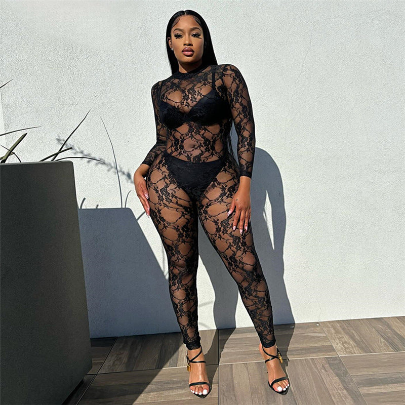 Women Clothing Spring Summer Street Sexy See through round Neck Long Sleeve Lace Tight One Piece Trousers