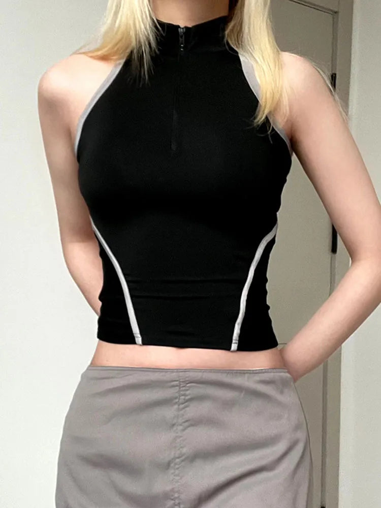 Punk Style Backless Crop Top Cut Out Zip Up Turtleneck Sleeveless T-shirt Women Casual Summer Tee Shirts Y2k Streetwear