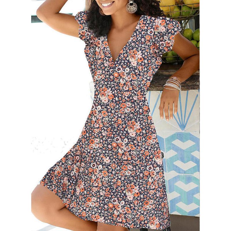 Slim pullover women's dress short sleeve floral dresses