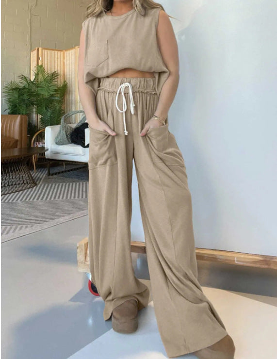 Pocket Vest and Elastic Waist Wide Leg Pants Set