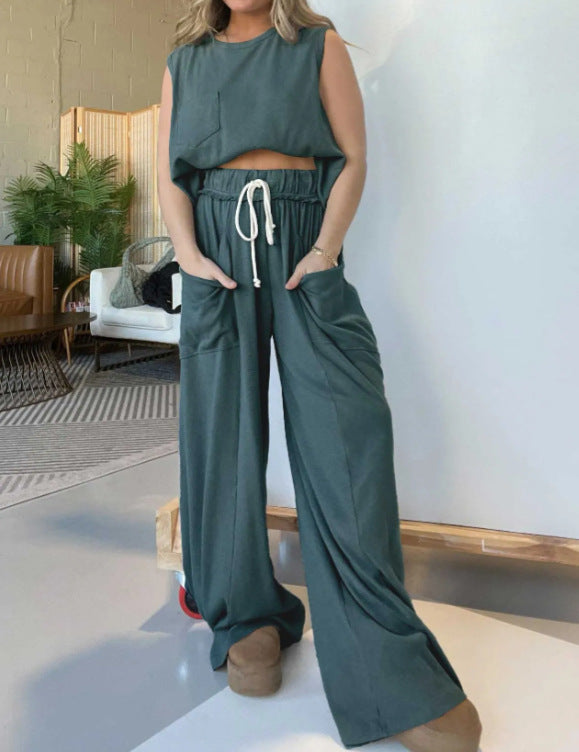 Pocket Vest and Elastic Waist Wide Leg Pants Set