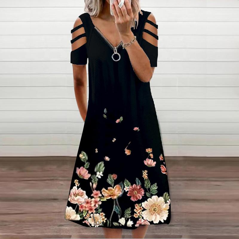 Casual short sleeve zipper V-neck dress