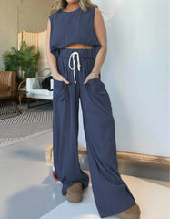 Pocket Vest and Elastic Waist Wide Leg Pants Set