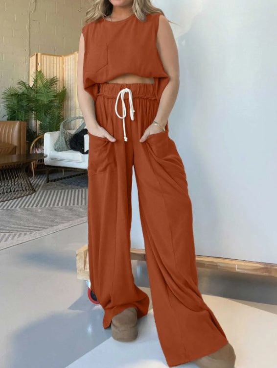 Pocket Vest and Elastic Waist Wide Leg Pants Set