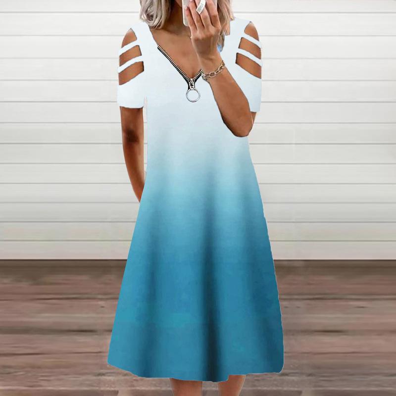 Casual short sleeve zipper V-neck dress